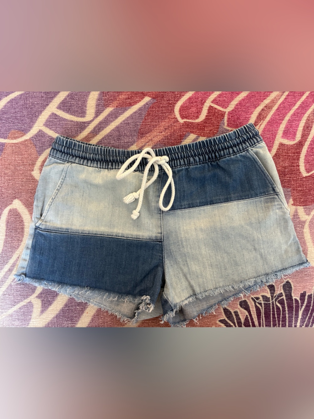 aerie Two-Tone Blue Patchwork Denim Shorts with White Drawstring